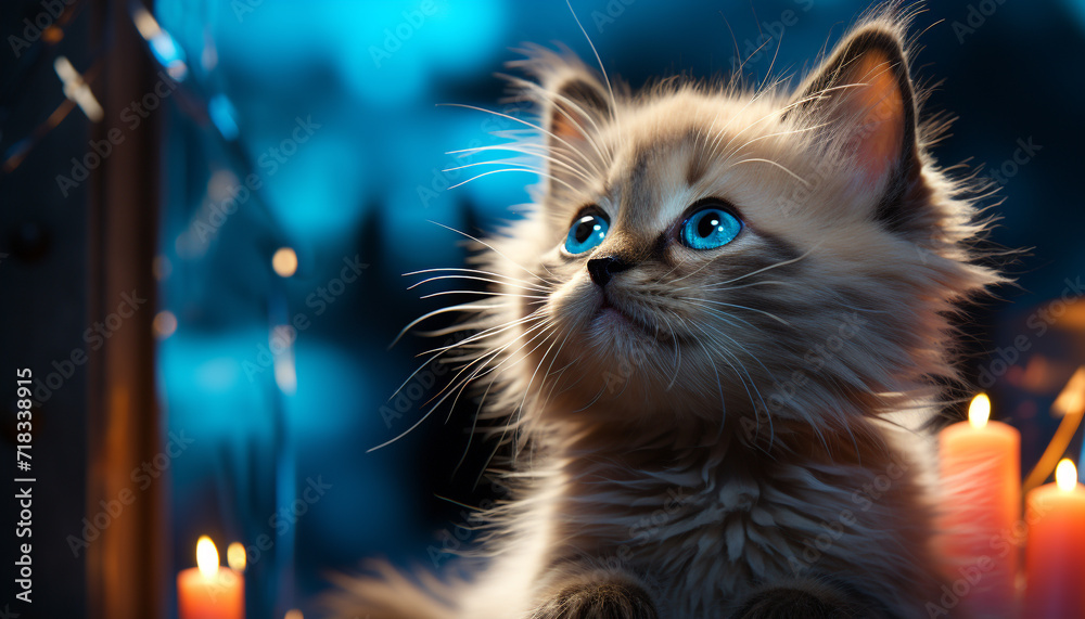 Fluffy kitten staring, playful, illuminated by candle flame outdoors generated by AI