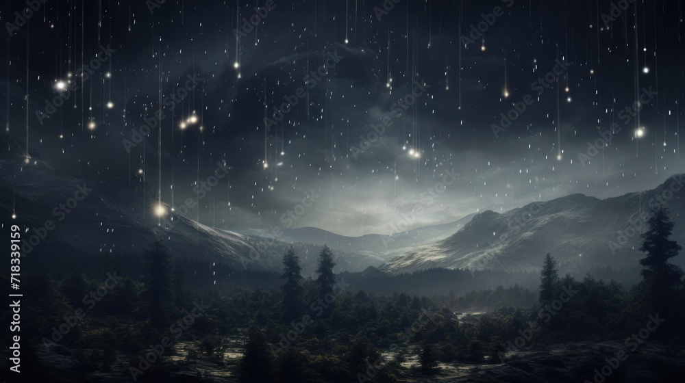  a painting of a night scene with stars falling from the sky and a mountain range in the distance with trees in the foreground.