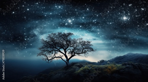  a tree sitting on top of a lush green hillside under a night sky filled with stars and a star filled sky.