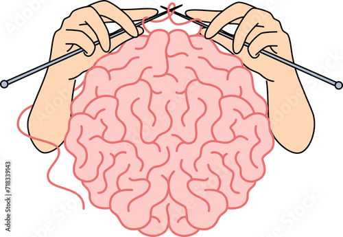 Human brain and hands with knitting needles, as metaphor for intellectual development and attempts to become smarter. Concept self-development and increasing brain capabilities to achieve your goals