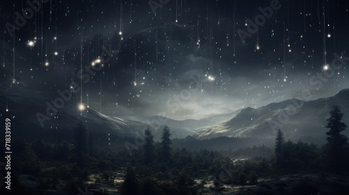  a painting of a night scene with stars falling from the sky and a mountain range in the distance with trees in the foreground.