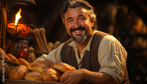 A cheerful man, owner of a small business, enjoying homemade bread generated by AI