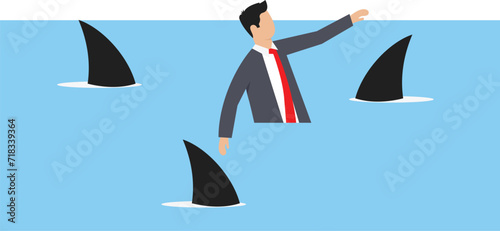 Unfriendly environment and frightened businessman is in water with sharks. Guy in office clothes and person in panic in trouble situation and stressful working
