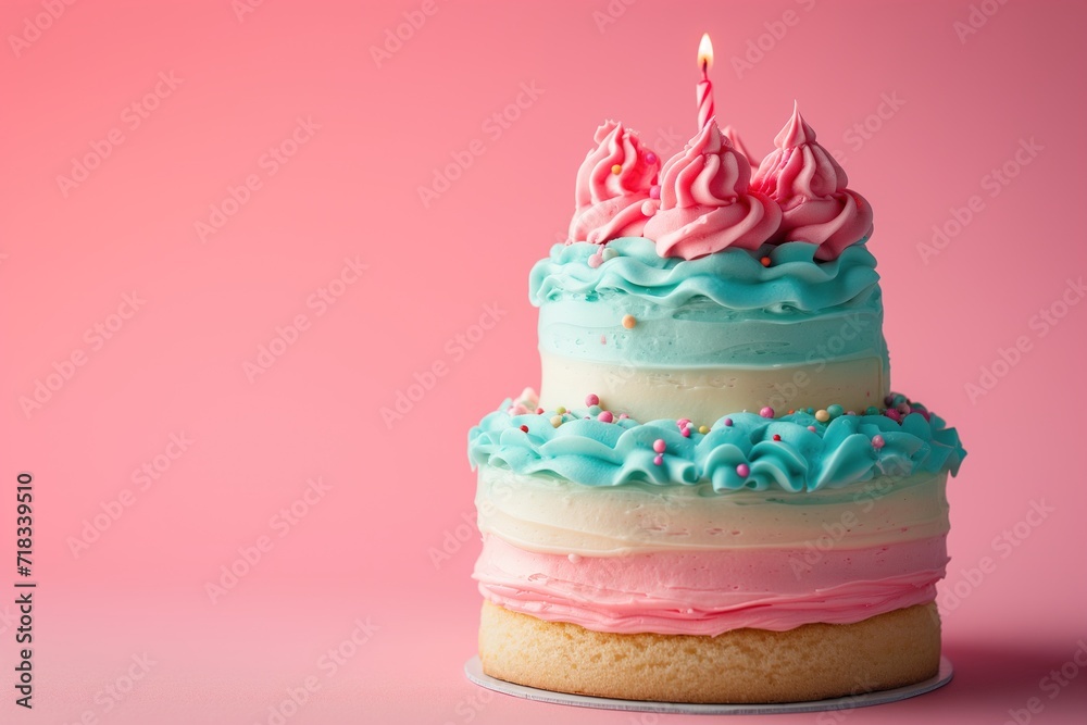 Birthday cake with pink and blue icing and burning candle on pink background Birthday cake with pink and blue icing and burning candle on pink background