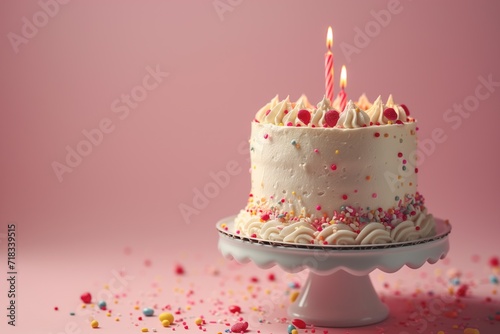 Birthday cake with candle and sprinkles on pink background