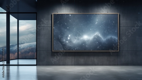  a large picture frame hanging on a wall in a room with a view of mountains and a sky filled with stars. © Anna