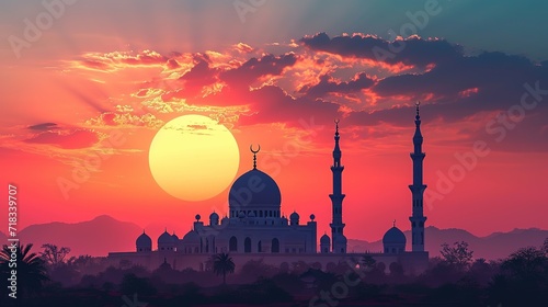 Silhouette of mosque at sunset time. Ramadan Kareem concept background