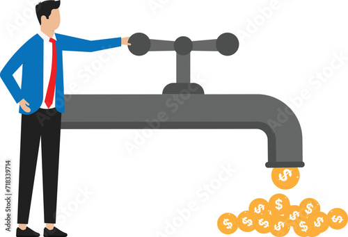 Cash flow and man opening money faucet. Making profit and wealthy rich businessman with passive income and investing. Business profit from successful strategy.

