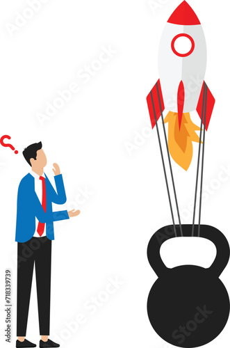 Problem or nuisance preventing start up, frustrated businessmen look at cargo preventing rocket from taking off and Economical crisis.
