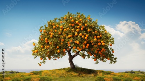  a tree with oranges growing on top of it in the middle of a grassy area with a blue sky in the background.