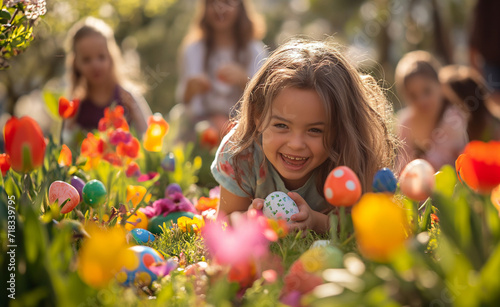 Easter family gathering in a spring setting with a beautifully decorated table, pastel eggs, and flowers, perfect for lifestyle and holiday.