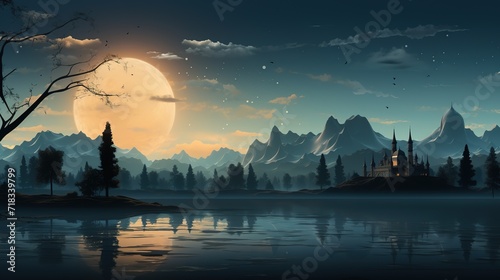 Fantasy landscape with castle, moon and mountains