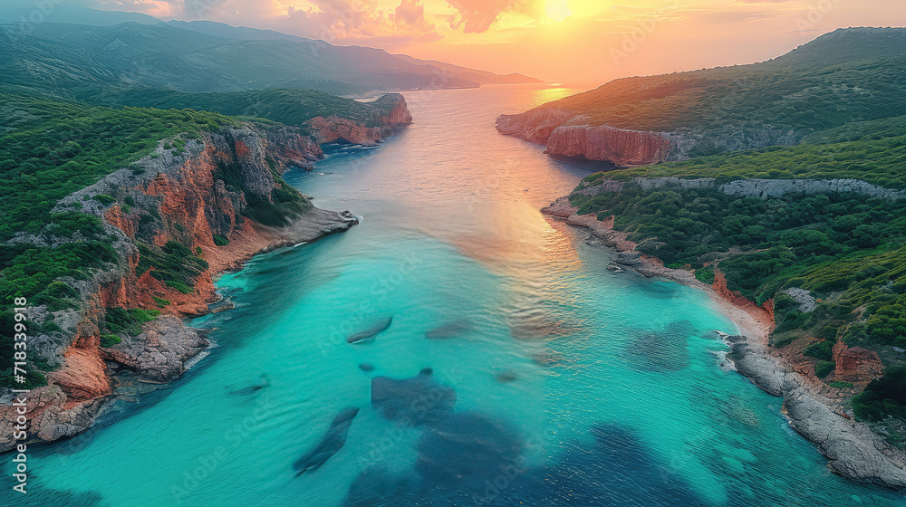 A stunning aerial sunset view over turquoise waters enclosed by rugged cliffs.