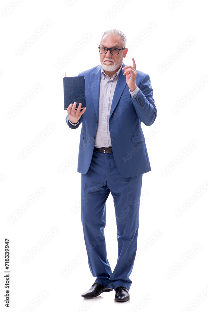 Old businessman holding book isolated on white Old businessman holding book isolated on white
