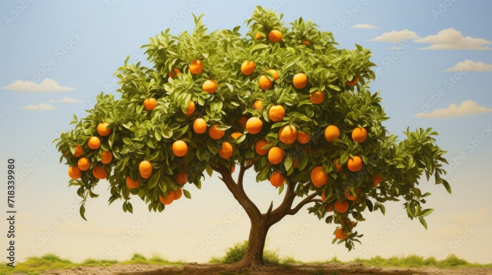  a tree filled with lots of oranges on top of a lush green field with a blue sky in the background.