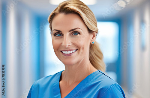 Middle aged female doctor in blue scrubs, smiling looking in camera, Headshot portrait of woman medic professional, hospital physician, confident practitioner or surgeon at work. blurred background