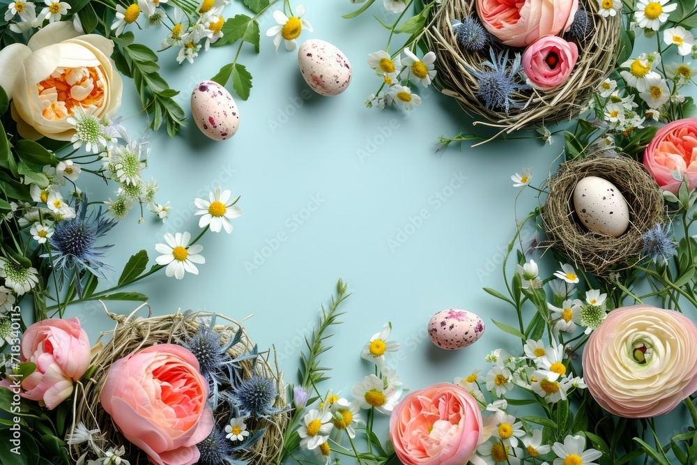 Floral Delight: Easter joy surrounded by flowers and copy space