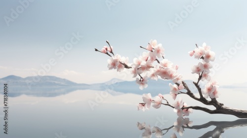  a branch of a blossoming cherry tree with its reflection in a still body of water with mountains in the background.