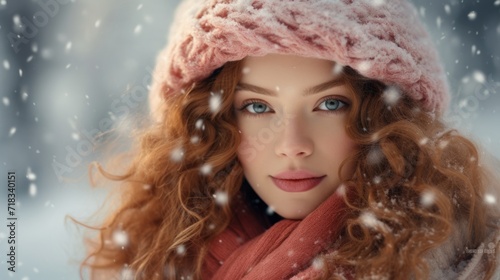 Joyful Young Woman Embracing the Beauty of a Snowy Winter Day Generative AI