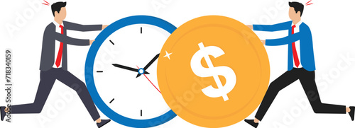 Exchanging time and effort for money and getting paid for work. Men hold huge clock and cold coins. Cost of hour metaphor and Working minutes concept
