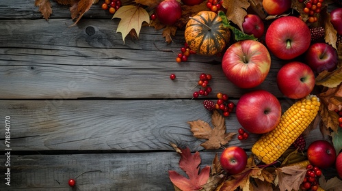 Autumn background with fall leaves, bascet with red apples, corn and pumpkins. Fall harvest on aged wood with copy space. Mockup for seasonal offers and holiday post card, top view. Toned image.