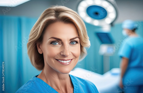 Middle aged female doctor in blue scrubs, smiling looking in camera, Headshot portrait of woman medic professional, hospital physician, confident practitioner or surgeon at work. blurred background