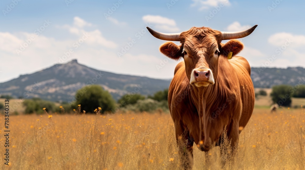 Young Brown Bull in a Meadow in Spain Generative AI Generative AI