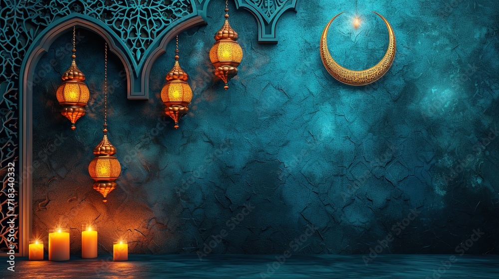 3D Illustration of Ramadan Kareem background with Arabic lanterns - obrazy, fototapety, plakaty 