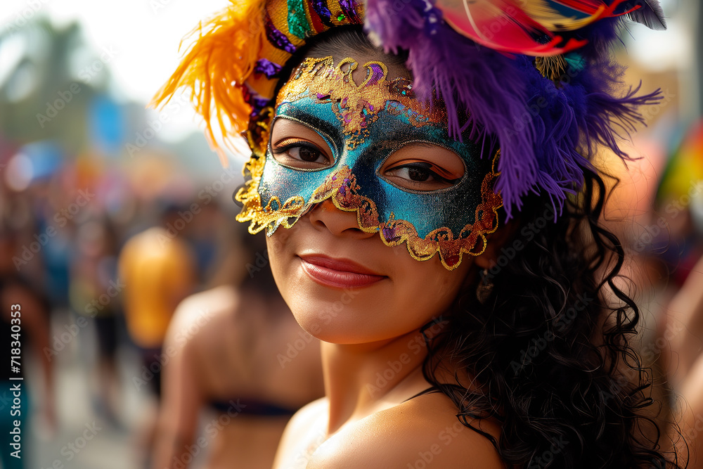 Close-up of a Colombian woman wearing a colorful mask at a carnival