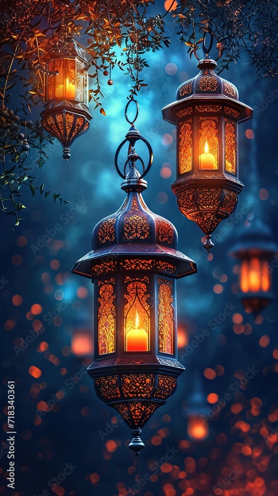 Ramadan Kareem background with arabic lanterns and glowing lights