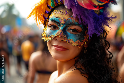Close-up of a Colombian woman wearing a colorful mask at a carnival © Jan