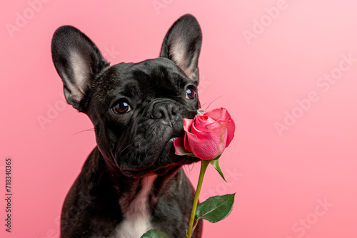 A cute French Bulldog with a pink rose isolated on a pink background, perfect for Valentine's Day © Jan