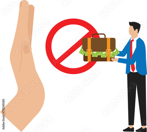 Stop corruption and businessman does not accept money in suitcase from man. Male character giving bribe suitcase with cash dollars.
