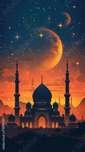 Illustration of mosque with moon and stars. Ramadan Kareem background