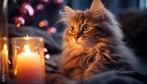 Fluffy kitten sitting by candle  cozy and playful indoors generated by AI