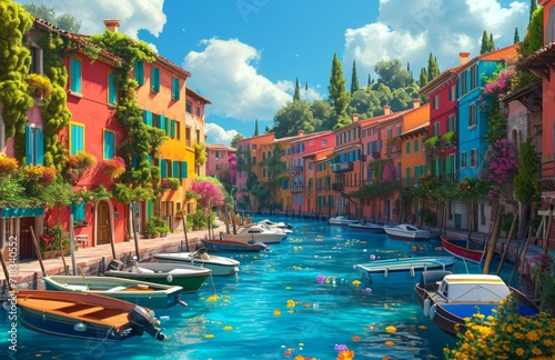 colorful canal with houses with boats docked in the water