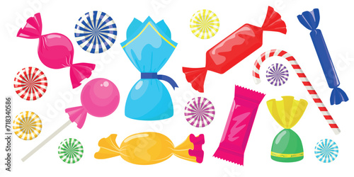 Set of sweet candies and caramels in cartoon style. Vector illustration of delicious caramels, lollipops and candies in bright wrappers isolated on white background.