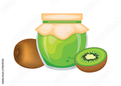 Kiwi jam in glass jar and fresh kiwi fruit vector illustration. Glass of kiwi marmalade design element. Green jam jar icon set isolated on a white background. Whole and halved kiwi vector