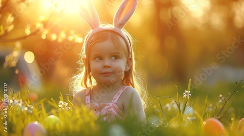 Cute little child girl wearing bunny ears on Easter day. Girl hunts for Easter eggs on the lawn. Girl with Easter eggs and bunny in the rays of the setting sun.