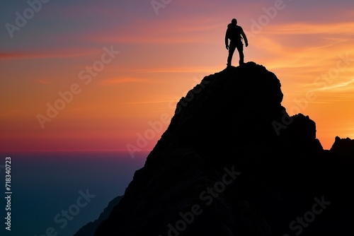 Solitary silhouette  a man conquering the mountain s peak  a testament to triumph and the pursuit of lofty goals generative ai