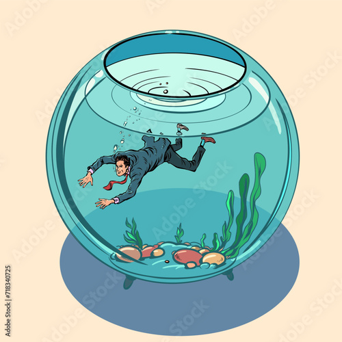 Choking from the amount of work in the office. Hard workdays without rest. A man in a suit swims inside an aquarium. Pop Art Retro