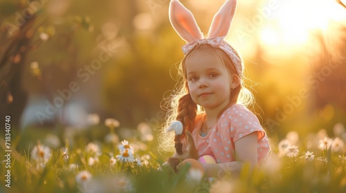 Cute little child girl wearing bunny ears on Easter day. Girl hunts for Easter eggs on the lawn. Girl with Easter eggs and bunny in the rays of the setting sun.