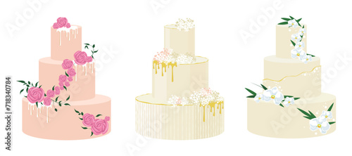 Set of sweet wedding cakes in cartoon style. Vector illustration of three-tiered wedding cakes decorated with icing and flowers with leaves isolated on white background.