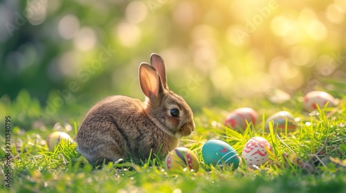 Easter bunny rabbit with painted eggs on grass lawn. Easter holiday concept