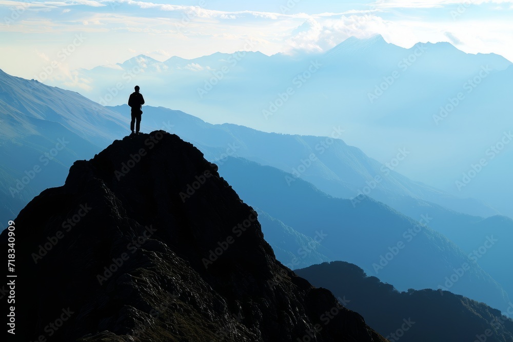 Solitary silhouette, a man conquering the mountain's peak, a testament to triumph and the pursuit of lofty goals generative ai