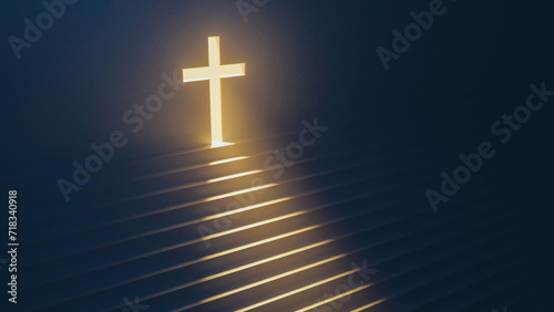 Glowing cross and a stairs leads to it - staircase to religion