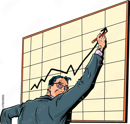 Growth of shares in the financial market. The employee's career moves up the career ladder. A man in a suit stands at a board with a chart. Pop Art Retro
