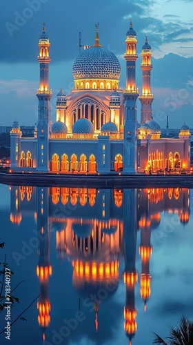 Beautiful view of the Mosque with the reflection of light from the river