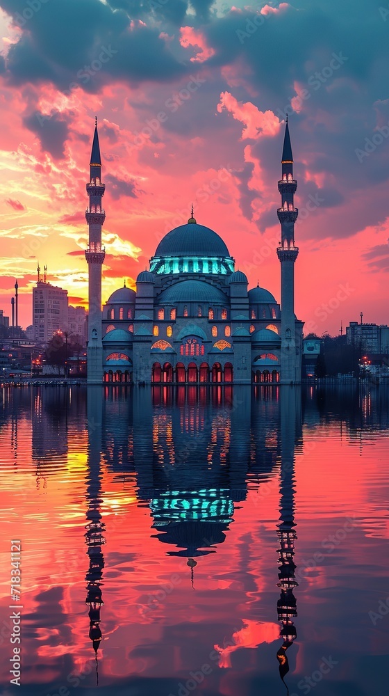 Beautiful sunset view of Mosque with the river