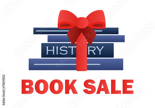 Stack books tied ribbon, bow. Book sale. Donate literature. Hard covers of textbooks, encyclopedias. History. Hardcover. Bookstore marketing card. Gradient color image - blue, red. Vector illustration